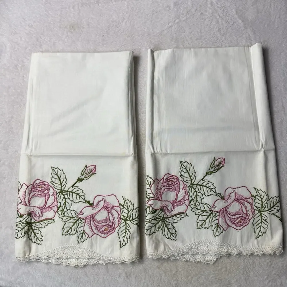 VTG 2 QUEEN Pillowcases White Embroidered Floral Pink 21x30 Set Cottagecore Chic